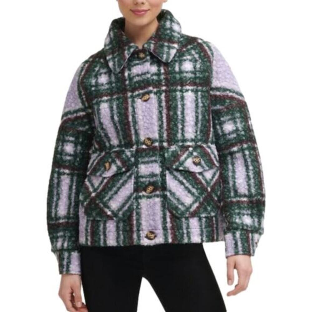 Calvin Klein‎ Purple Green Plaid Sherpa Fleece Button Front Shacket Jacket